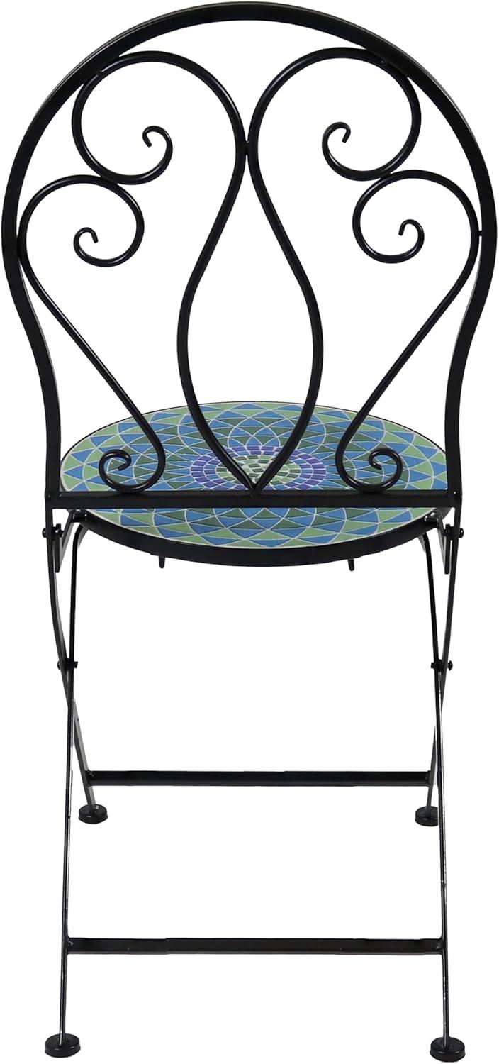image:imageSunnydaze Mosaic Tile Folding Bistro Chairs with Iron Frame Set of 2 Compact Folding Design Black Frame with Scroll Back