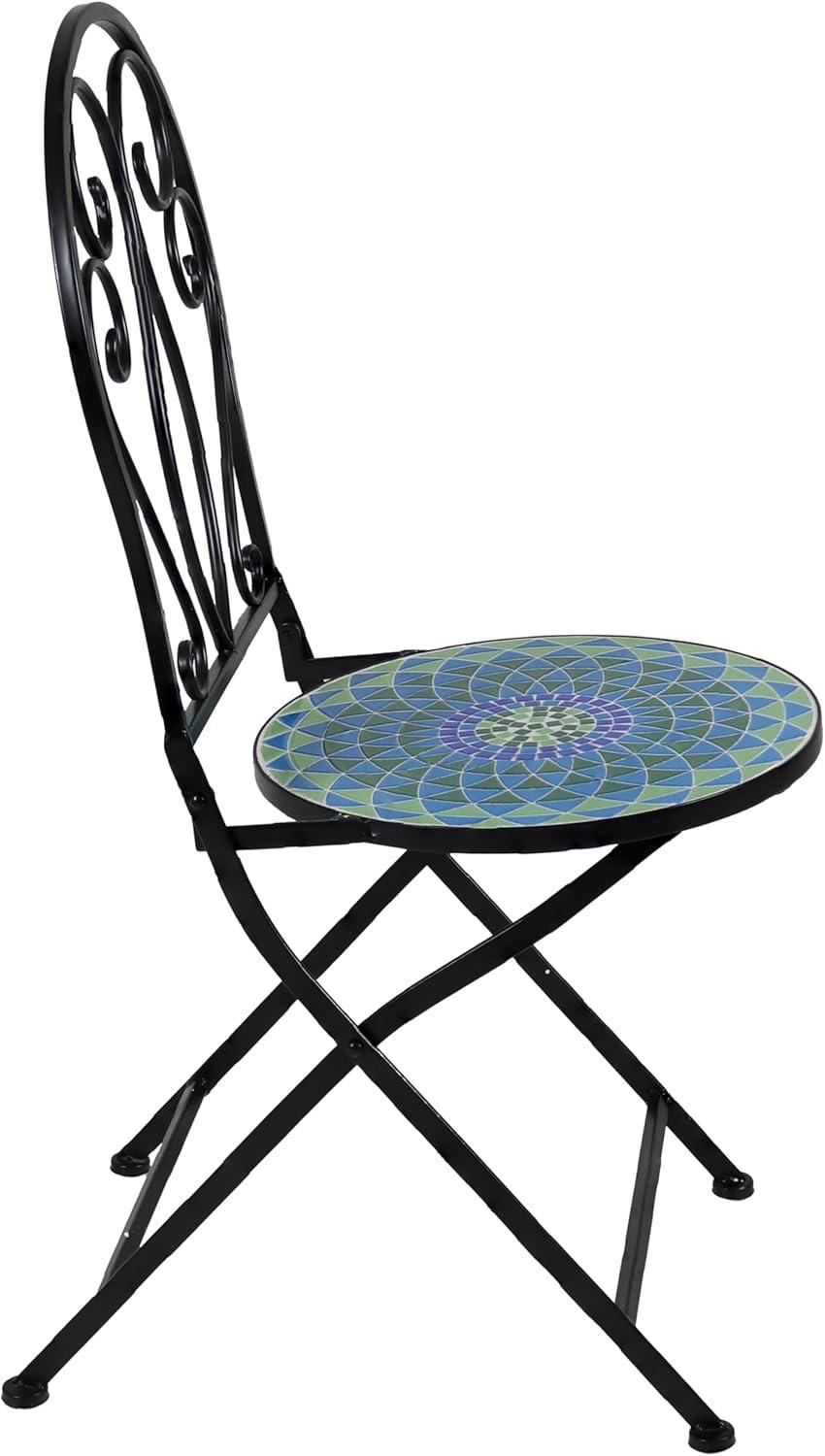 image:imageSunnydaze Mosaic Tile Folding Bistro Chairs with Iron Frame Set of 2 Compact Folding Design Black Frame with Scroll Back