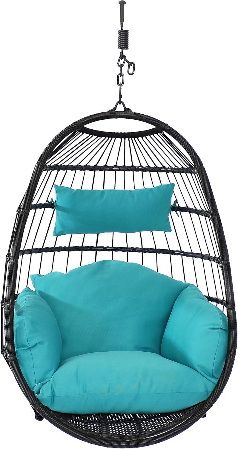 image:imageSunnydaze Penelope Black Steel and Polyethylene Wicker Hanging Egg Chair with Cream Polyester Cushions 45Inch TallTurquoise Cushions