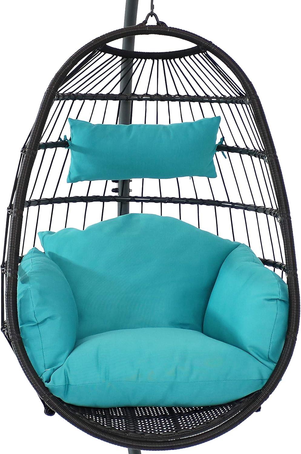 image:imageSunnydaze Penelope Hanging Egg Chair with Turquoise Seat Cushions and Steel Stand Black Wicker Chair 78InchTurquoise Cushions