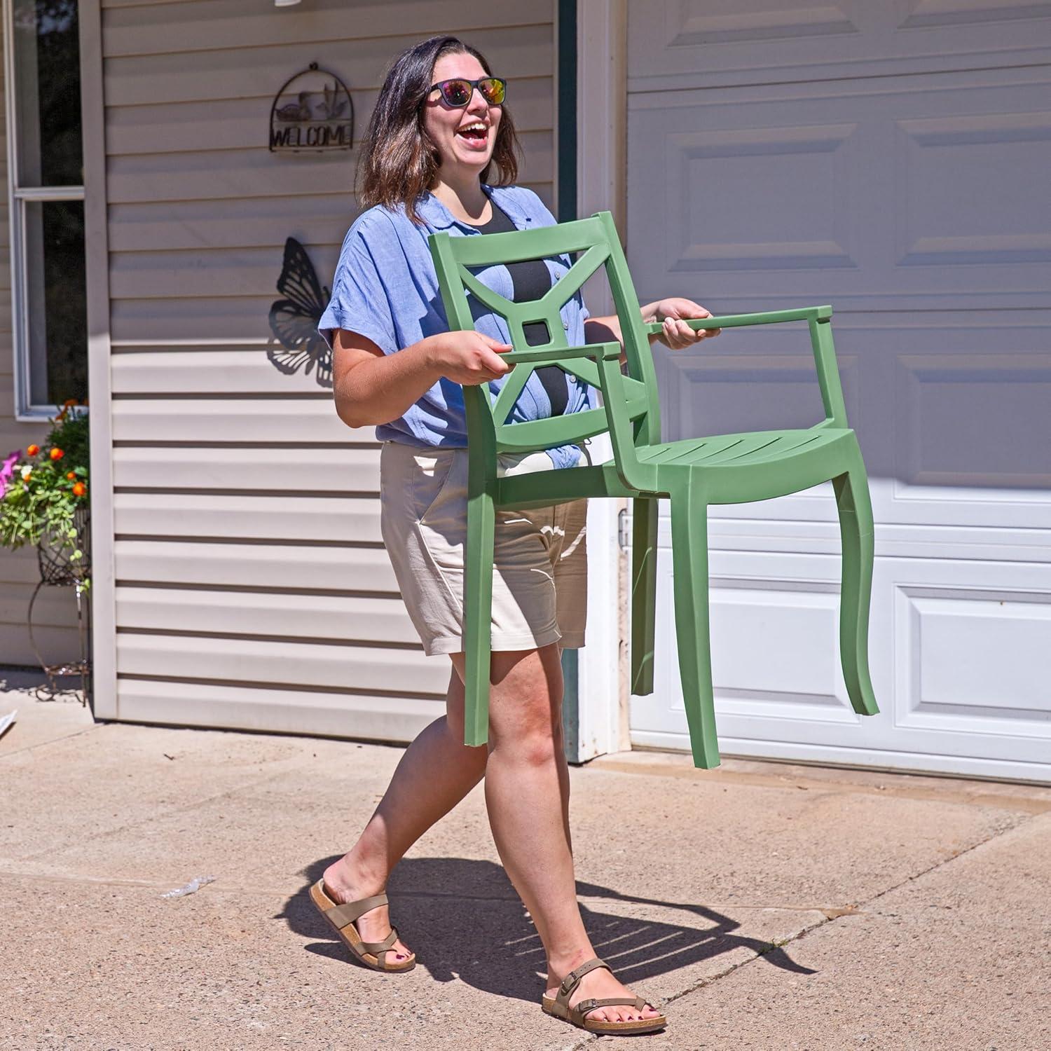 image:imageSunnydaze Tristana Plastic Outdoor Patio Arm Chair Set of 4 Stackable Seating GreenGreen