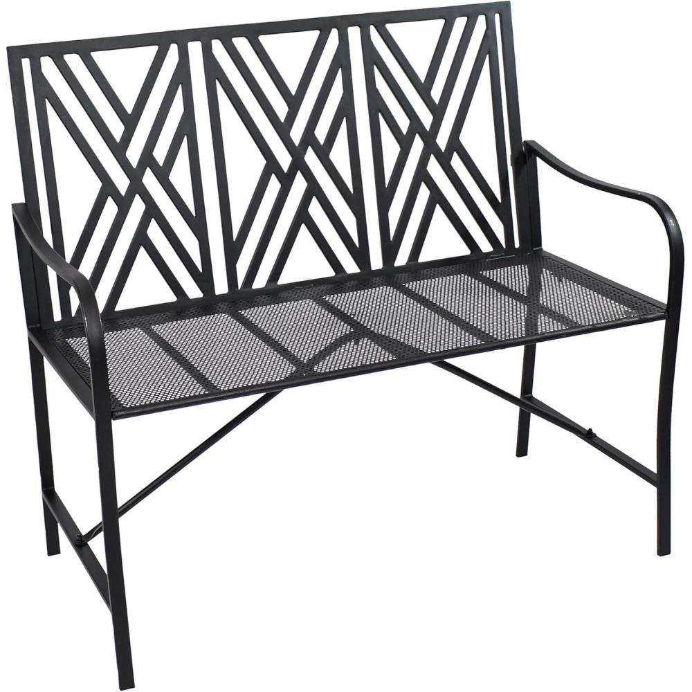 image:imageSunnydaze 2Person Outdoor Garden Bench Geometric Lattice Iron Patio Bench Black 42 W