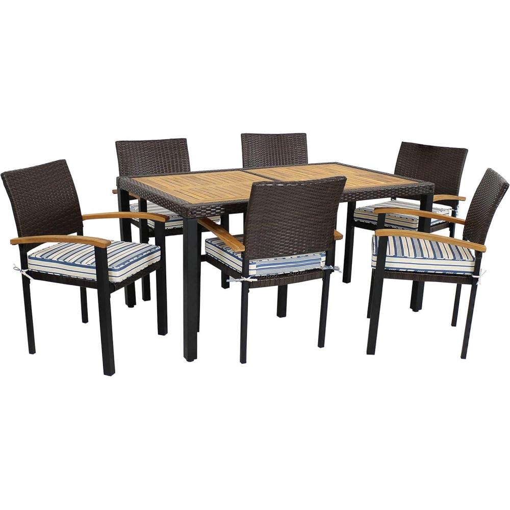 image:imageSunnydaze Carlow 7Piece Rattan and Acacia Outdoor Dining Set  1 Table and 6 Chairs with Seat Cushions  Stone GrayBlue Stripe