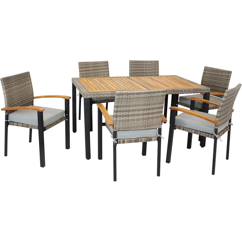 image:imageSunnydaze Carlow 7Piece Rattan and Acacia Outdoor Dining Set 1 Table and 6 Chairs with Seat Cushions Stone GrayStone Gray