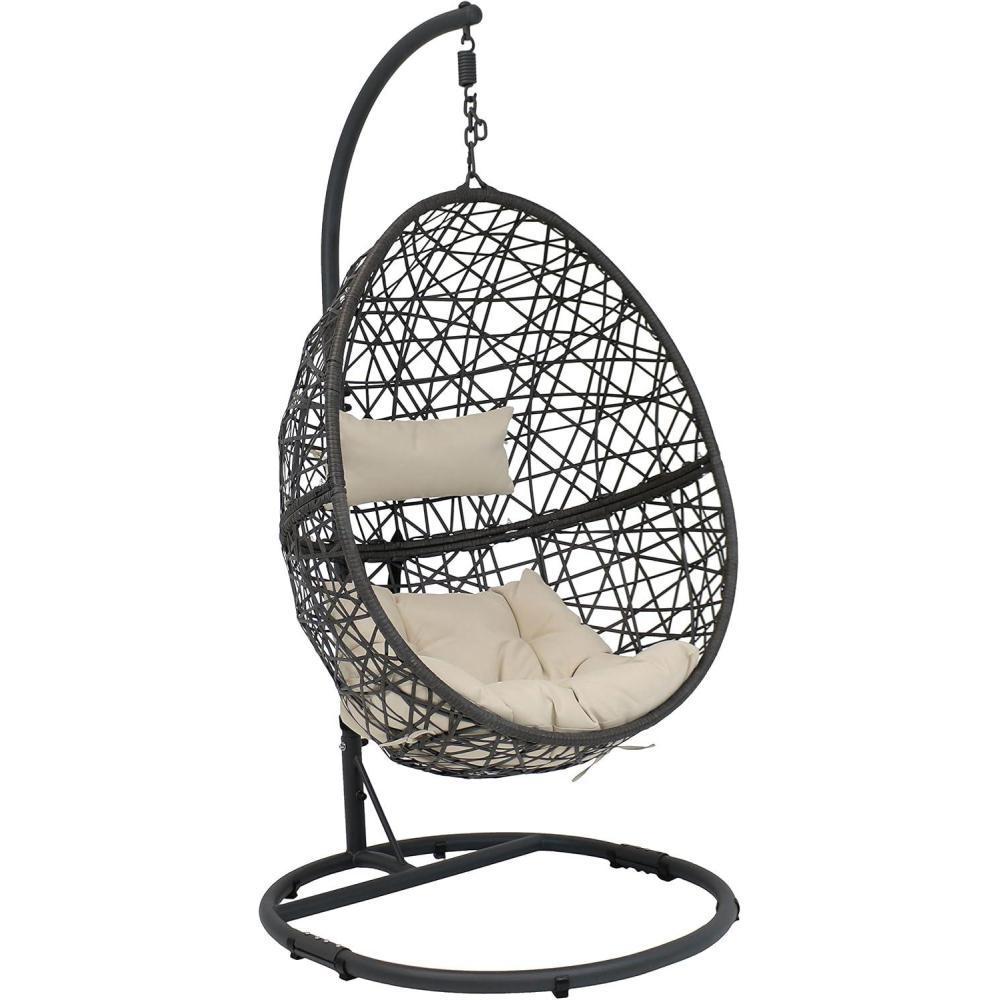 image:imageSunnydaze Caroline Hanging Egg Chair Swing with Stand and Cushion Set Ratan Egg Basket Chair Wicker Hammock Chair with Beige Cushions for Patio Yard Porch IndoorsBeige Cushions