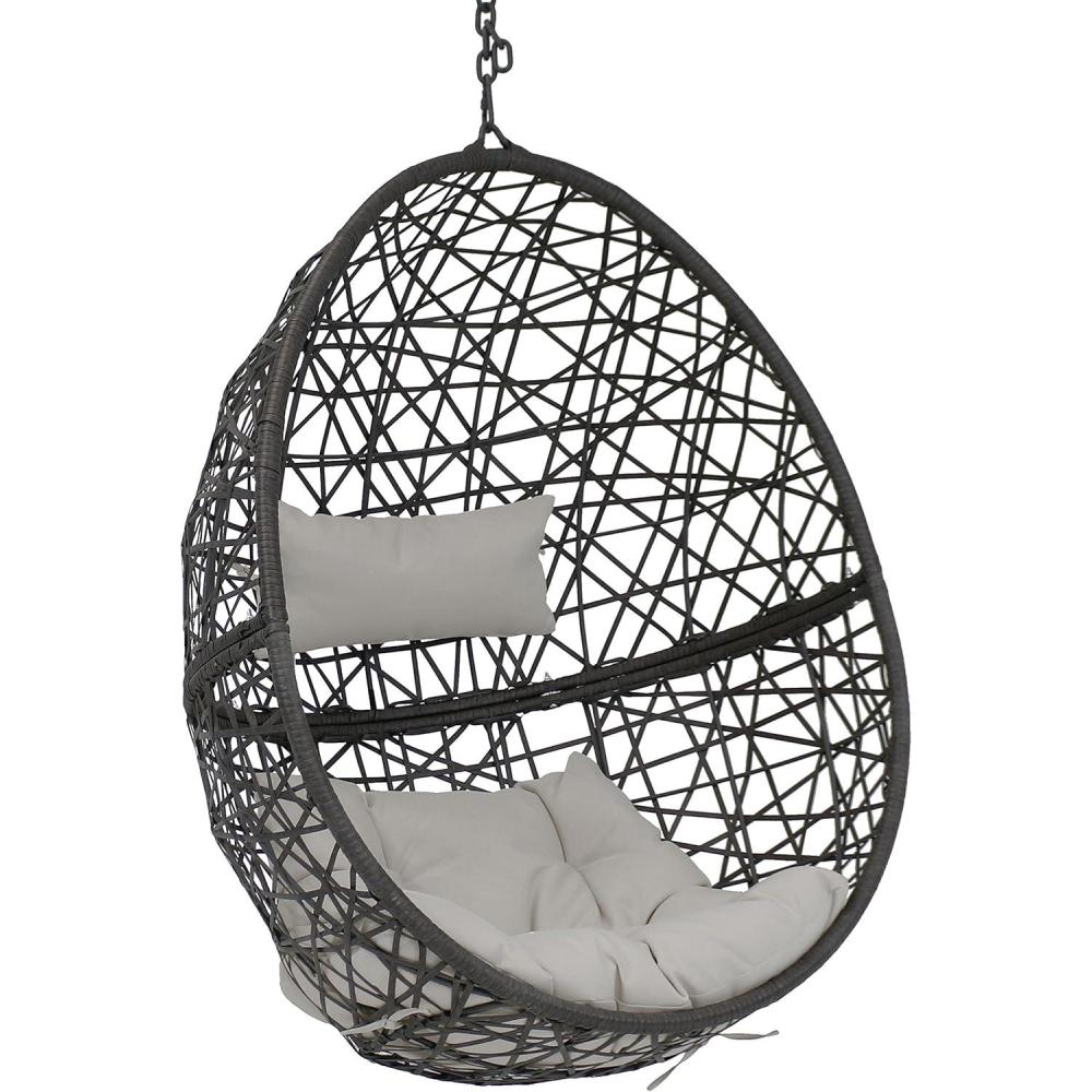 image:imageSunnydaze Caroline Hanging Resin Wicker Egg Chair  265Pound Weight Capacity  Removable Beige Polyester CushionsGrey