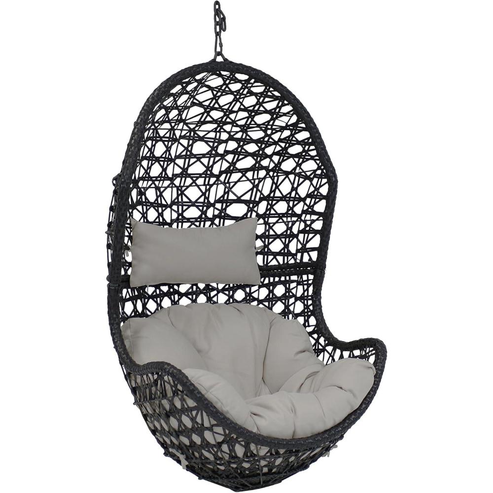 image:imageSunnydaze Cordelia Egg Chair with Cushions Resin Wicker Hanging Chair with 265Pound Weight Capacity Hanging Swing Includes Gray Polyester Cushion and HeadrestGray Cushions