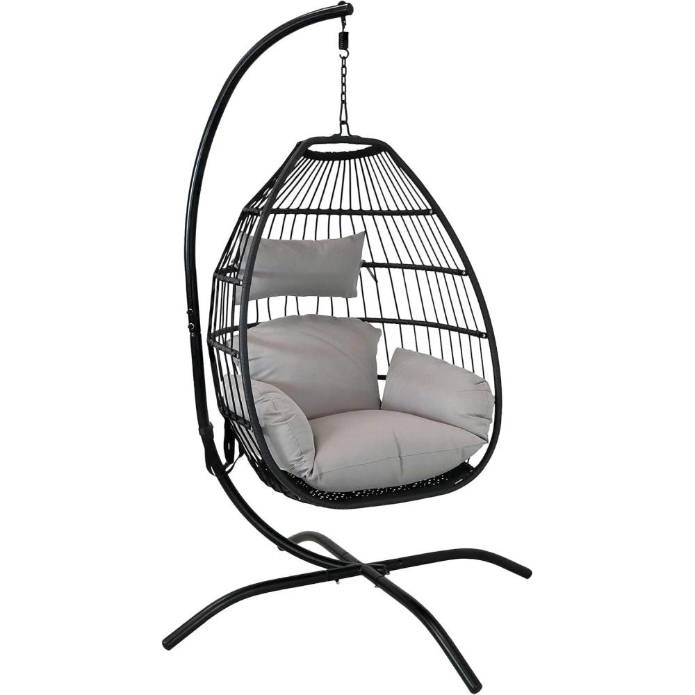 image:imageSunnydaze Delaney Black Resin Wicker Hanging Egg Chair with PowderCoated Steel Stand  Gray Polyester Cushions  81 Inches H