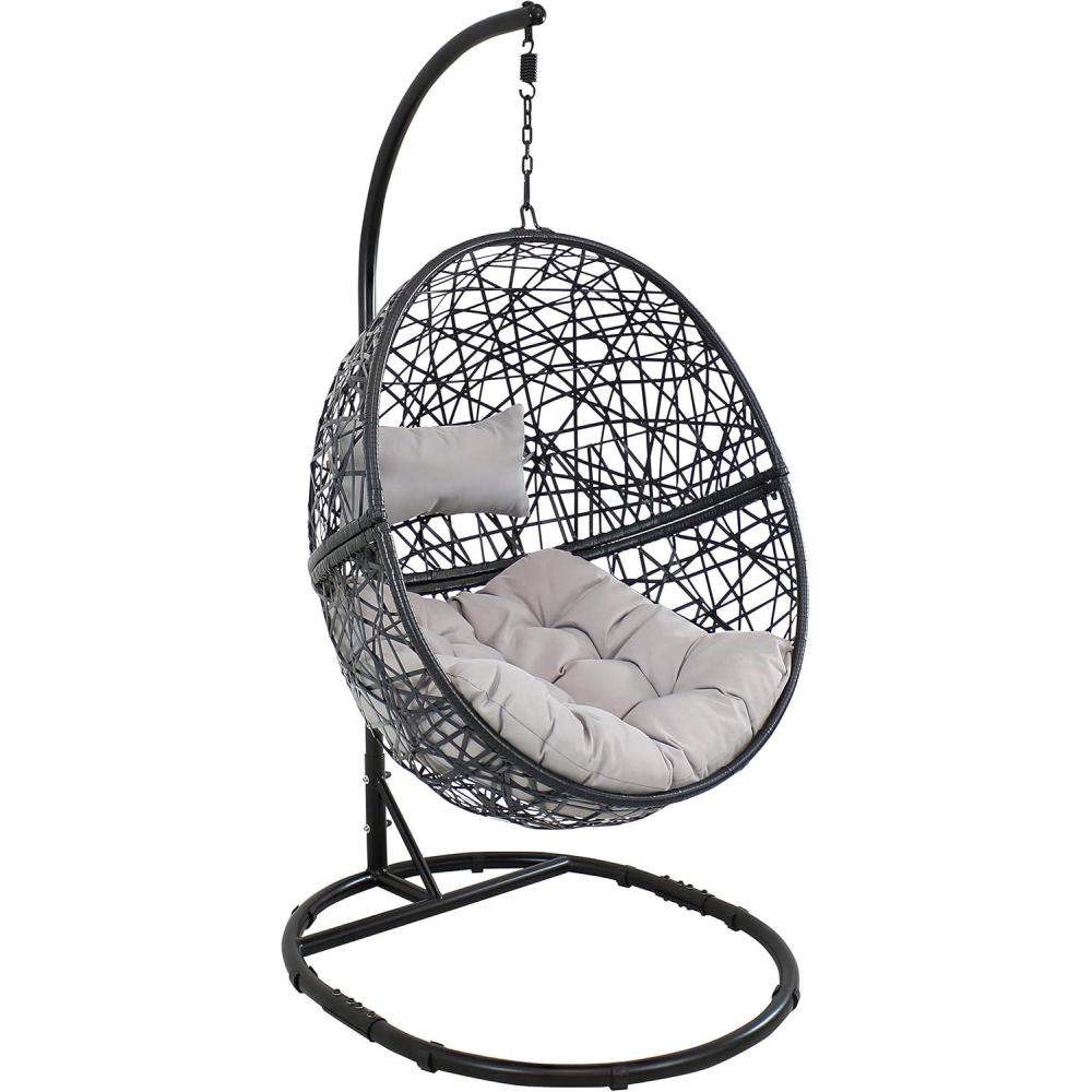 image:imageSunnydaze Jackson Resin Wicker Hanging Egg Chair with Steel Stand 265Pound Weight Capacity Includes Beige CushionsGray Cushions