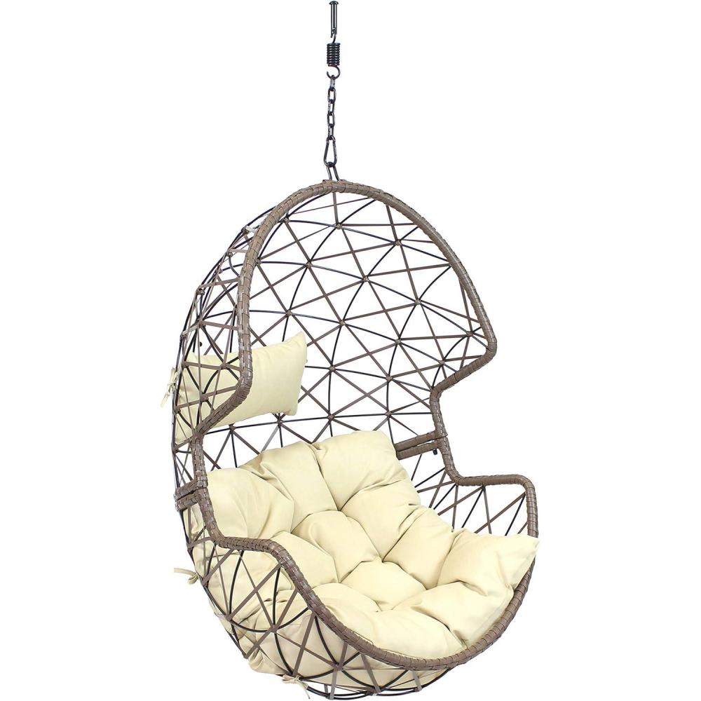 image:imageSunnydaze Lorelei Hanging Egg Chair Outdoor Patio Lounge Seat Boho Style Furniture Resin Wicker Basket Design Includes Beige Cushion Furniture for Porch Deck Balcony and Garden
