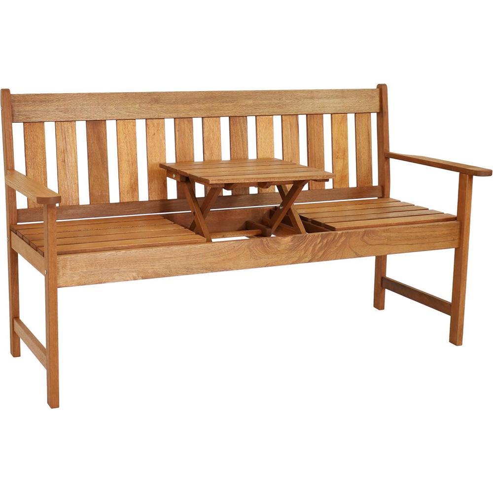image:imageSunnydaze Meranti Wood Outdoor Patio Bench with Builtin PopUp Table Teak Oil Finish 60Inch