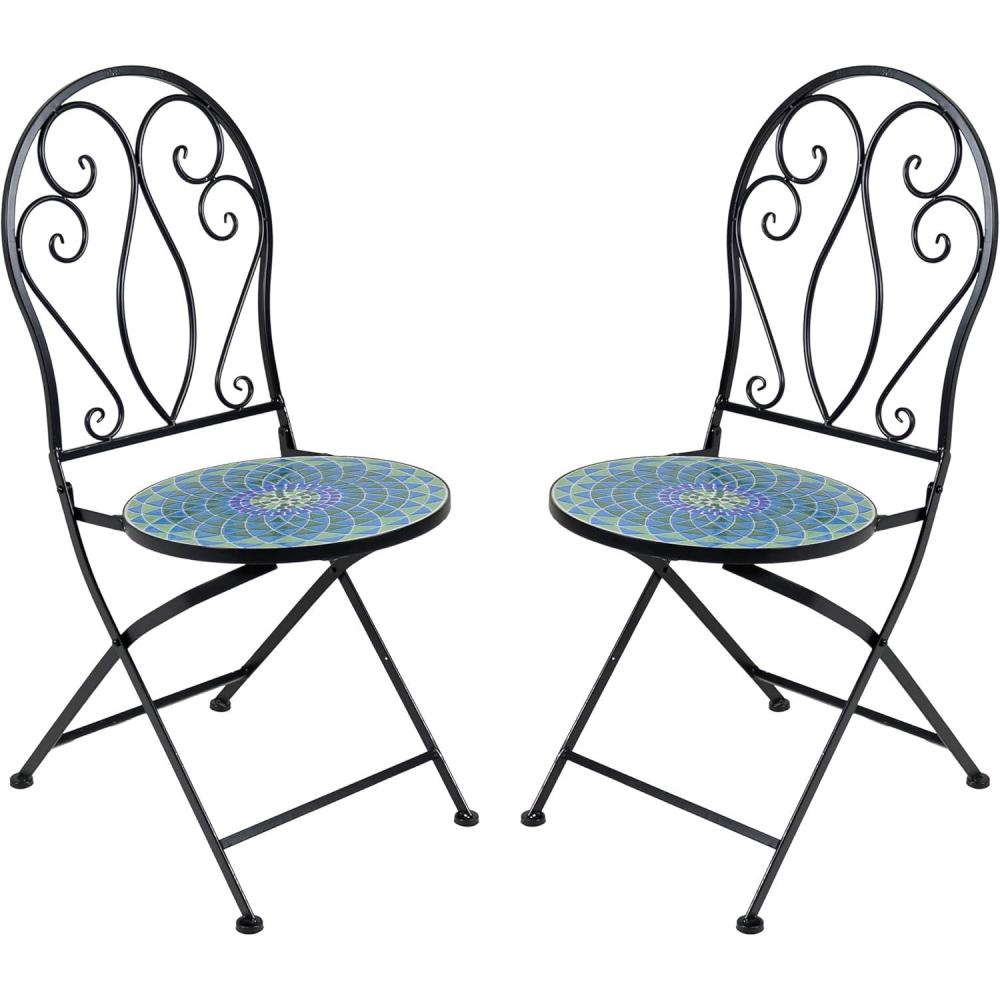 image:imageSunnydaze Mosaic Tile Folding Bistro Chairs with Iron Frame Set of 2 Compact Folding Design Black Frame with Scroll Back