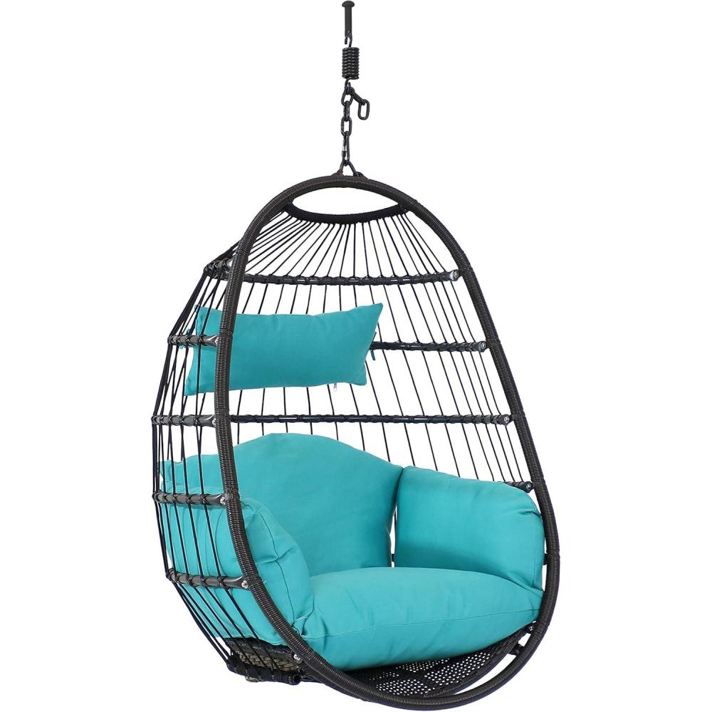 image:imageSunnydaze Penelope Black Steel and Polyethylene Wicker Hanging Egg Chair with Cream Polyester Cushions  45Inch TallTurquoise Cushions