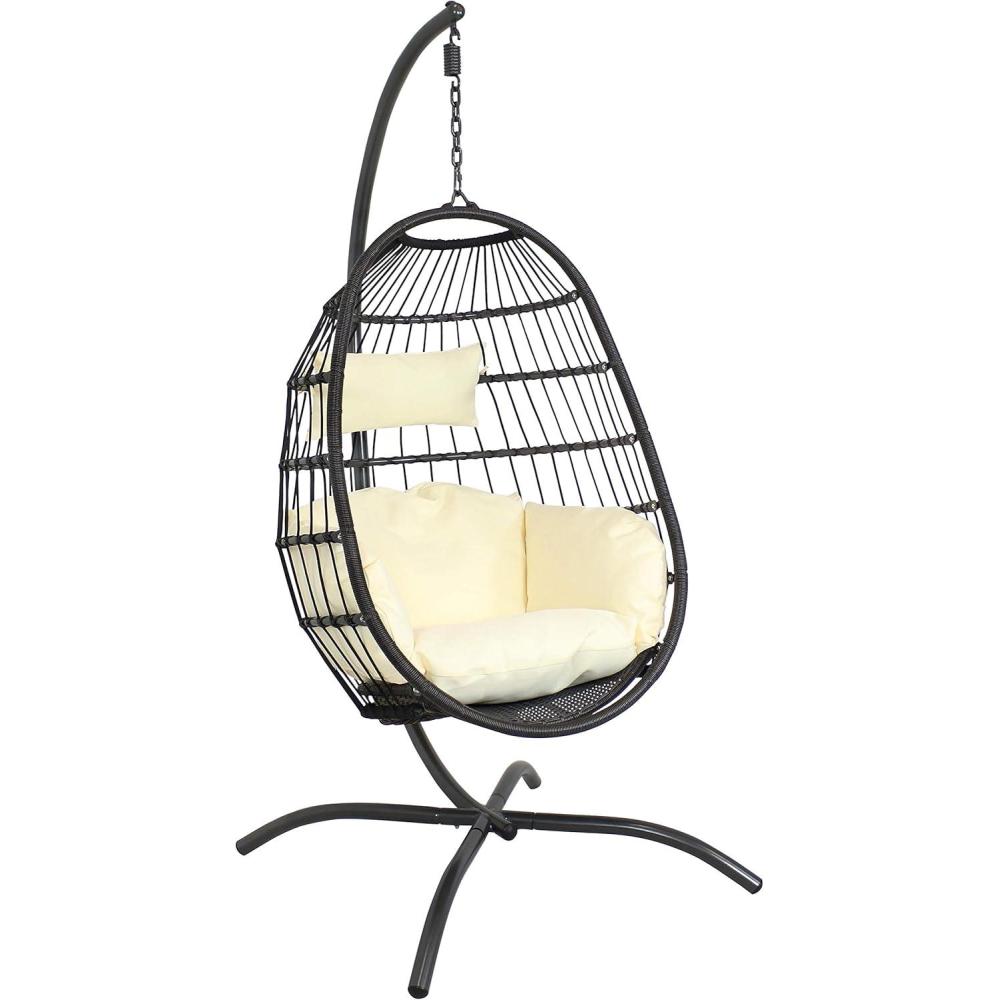 image:imageSunnydaze Penelope Hanging Egg Chair with Turquoise Seat Cushions and Steel Stand Black Wicker Chair 78InchCream Cushions