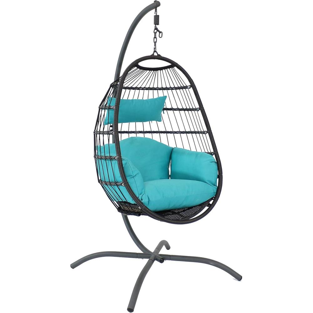 image:imageSunnydaze Penelope Hanging Egg Chair with Turquoise Seat Cushions and Steel Stand Black Wicker Chair 78InchTurquoise Cushions