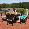Sunnydaze Carlow 7-Piece Rattan and Acacia Outdoor Dining Set – 1 Table and 6 Chairs with Seat Cushions – Stone Gray(Blue Stripe)
