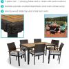 Sunnydaze Carlow 7-Piece Rattan and Acacia Outdoor Dining Set – 1 Table and 6 Chairs with Seat Cushions – Stone Gray(Blue Stripe)