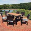 Sunnydaze Carlow 7-Piece Rattan and Acacia Outdoor Dining Set – 1 Table and 6 Chairs with Seat Cushions – Stone Gray(Blue Stripe)