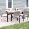 Sunnydaze Carlow 7-Piece Rattan and Acacia Outdoor Dining Set – 1 Table and 6 Chairs with Seat Cushions – Stone Gray(Stone Gray)