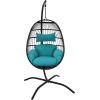 Sunnydaze Dalia Resin Wicker Hanging Egg Chair with – Teal Polyester Cushions and Powder-Coated Steel Stand – 81 Inches H