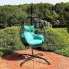 Sunnydaze Dalia Resin Wicker Hanging Egg Chair with – Teal Polyester Cushions and Powder-Coated Steel Stand – 81 Inches H