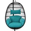 Sunnydaze Dalia Resin Wicker Hanging Egg Chair with – Teal Polyester Cushions and Powder-Coated Steel Stand – 81 Inches H