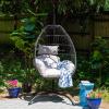 Sunnydaze Delaney Black Resin Wicker Hanging Egg Chair with Powder-Coated Steel Stand – Gray Polyester Cushions – 81 Inches H