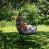 Sunnydaze Delaney Black Resin Wicker Hanging Egg Chair with Powder-Coated Steel Stand – Gray Polyester Cushions – 81 Inches H