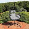 Sunnydaze Delaney Black Resin Wicker Hanging Egg Chair with Powder-Coated Steel Stand – Gray Polyester Cushions – 81 Inches H