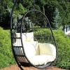 Sunnydaze Penelope Black Steel and Polyethylene Wicker Hanging Egg Chair with Cream Polyester Cushions – 45-Inch Tall(Cream Cushions)