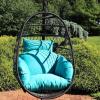 Sunnydaze Penelope Black Steel and Polyethylene Wicker Hanging Egg Chair with Cream Polyester Cushions – 45-Inch Tall(Turquoise Cushions)