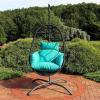 Sunnydaze Penelope Hanging Egg Chair with Turquoise Seat Cushions and Steel Stand – Black Wicker Chair – 78-Inch(Turquoise Cushions)
