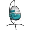 Sunnydaze Dalia Resin Wicker Hanging Egg Chair with – Teal Polyester Cushions and Powder-Coated Steel Stand – 81 Inches H
