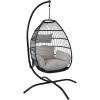 Sunnydaze Delaney Black Resin Wicker Hanging Egg Chair with Powder-Coated Steel Stand – Gray Polyester Cushions – 81 Inches H