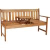 Sunnydaze Meranti Wood Outdoor Patio Bench with Built-in Pop-Up Table – Teak Oil Finish – 60-Inch