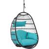 Sunnydaze Penelope Black Steel and Polyethylene Wicker Hanging Egg Chair with Cream Polyester Cushions – 45-Inch Tall(Turquoise Cushions)