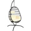Sunnydaze Penelope Hanging Egg Chair with Turquoise Seat Cushions and Steel Stand – Black Wicker Chair – 78-Inch(Cream Cushions)