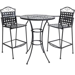 Sunnydaze 3-Piece Outdoor Wrought Iron Bar Chair and Table Set with Scrolling Design – 1 Table and 2 Chairs – Black