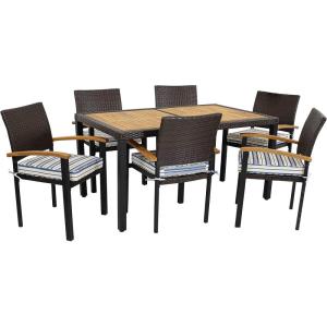 Sunnydaze Carlow 7-Piece Rattan and Acacia Outdoor Dining Set – 1 Table and 6 Chairs with Seat Cushions – Stone Gray(Blue Stripe)