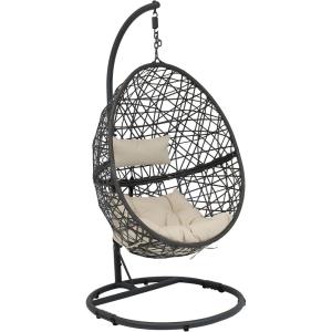 Sunnydaze Caroline Hanging Egg Chair Swing with Stand and Cushion Set – Ratan Egg Basket Chair – Wicker Hammock Chair with Beige Cushions for Patio, Yard, Porch, Indoors(Beige Cushions)