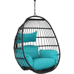 Sunnydaze Dalia Black Steel and Polyethylene Wicker Hanging Egg Chair with Teal Polyester Seat Cushions – 45-Inch Tall