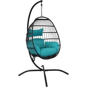 Sunnydaze Dalia Resin Wicker Hanging Egg Chair with – Teal Polyester Cushions and Powder-Coated Steel Stand – 81 Inches H