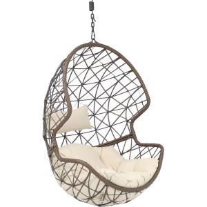 Sunnydaze Danielle Hanging Egg Chair – Resin Wicker Basket Design – Outdoor Use – Includes Gray Cushion(Beige Cushions)