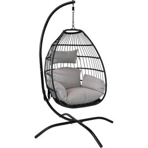 Sunnydaze Delaney Black Resin Wicker Hanging Egg Chair with Powder-Coated Steel Stand – Gray Polyester Cushions – 81 Inches H