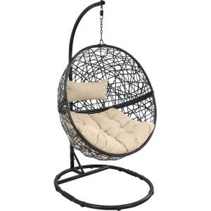 Sunnydaze Jackson Resin Wicker Hanging Egg Chair with Steel Stand – 265-Pound Weight Capacity – Includes Beige Cushions(Beige Cushions)