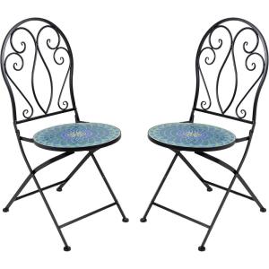 Sunnydaze Mosaic Tile Folding Bistro Chairs with Iron Frame – Set of 2 – Compact Folding Design – Black Frame with Scroll Back