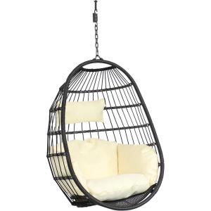 Sunnydaze Penelope Black Steel and Polyethylene Wicker Hanging Egg Chair with Cream Polyester Cushions – 45-Inch Tall(Cream Cushions)