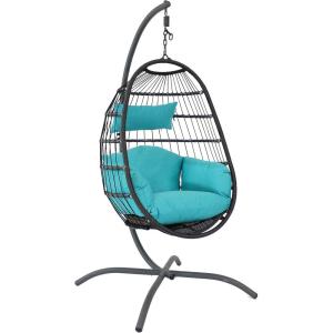 Sunnydaze Penelope Hanging Egg Chair with Turquoise Seat Cushions and Steel Stand – Black Wicker Chair – 78-Inch(Turquoise Cushions)