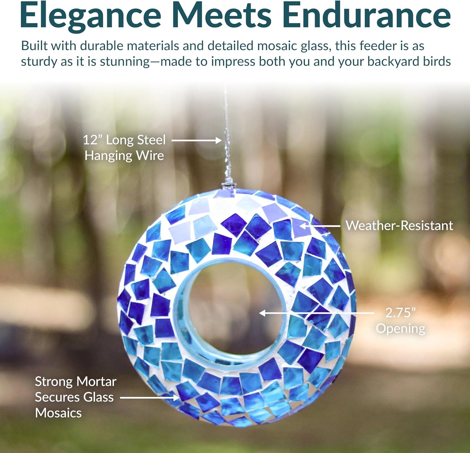 image:imageSunnydaze 6Inch Glass Mosaic Hanging Bird Feeder for Outdoors FlyThrough Wild Bird Feeder Confetti MosaicBlue Mosaic