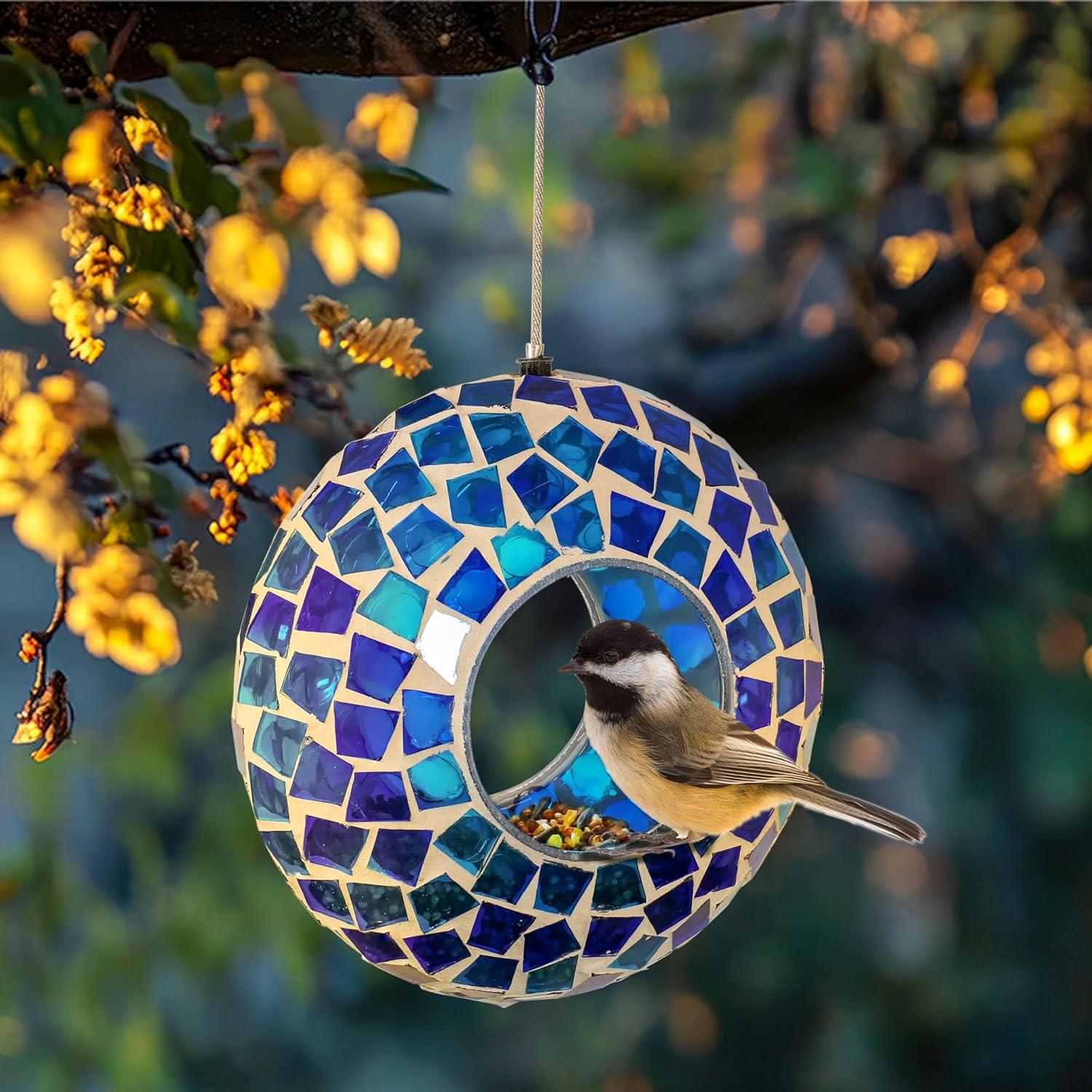 image:imageSunnydaze 6Inch Glass Mosaic Hanging Bird Feeder for Outdoors FlyThrough Wild Bird Feeder Confetti MosaicBlue Mosaic